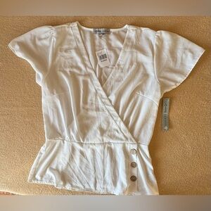 Absolutely Famous Cream Wrap Blouse with Button Accents